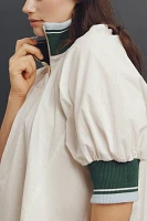 Maeve Half-Zip Puff-Sleeve Sporty Henley Blouse