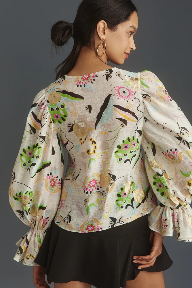 Cynthia Rowley Long-Sleeve Linen Silk Blouse