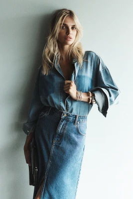 MABLE Long-Sleeve Burnout Pocket Denim Buttondown Shirt