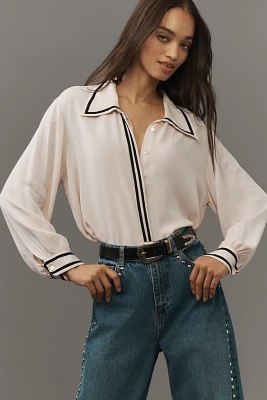 Ollari Stripe Detail Blouson-Sleeve Blouse