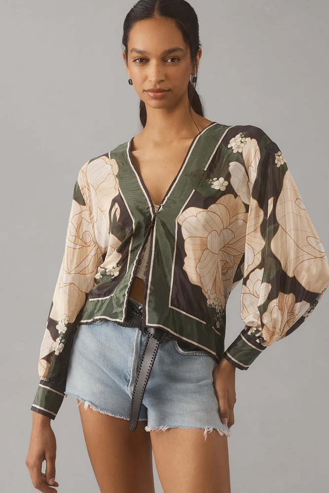 Farm Rio Long-Sleeve Silky Wrap Top