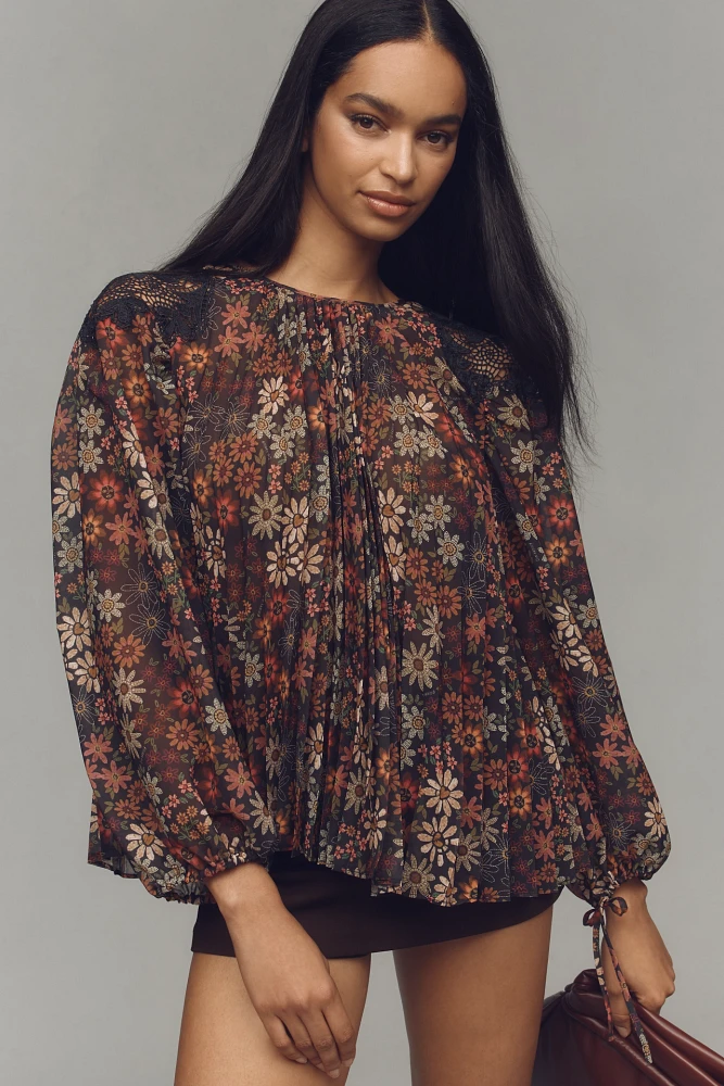 Farm Rio Long-Sleeve Sheer Pleated Blouse