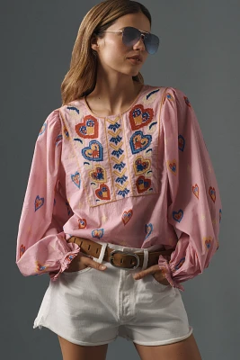 Farm Rio Balloon-Sleeve Popover Top