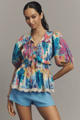 Farm Rio x Anthropologie Puff-Sleeve Tie-Front Blouse