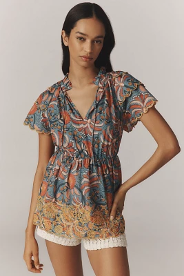 Farm Rio x Anthropologie Printed Richelieu High-Neck Short-Sleeve Ruffle Blouse