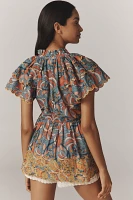 Farm Rio x Anthropologie Printed Richelieu High-Neck Short-Sleeve Ruffle Blouse
