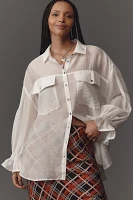 Pilcro Long-Sleeve Smocked Shoulder Buttondown Shirt