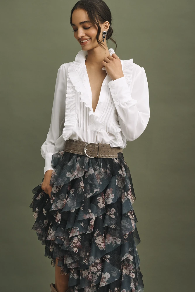 By Anthropologie Long-Sleeve Pleated Ruffled Blouse