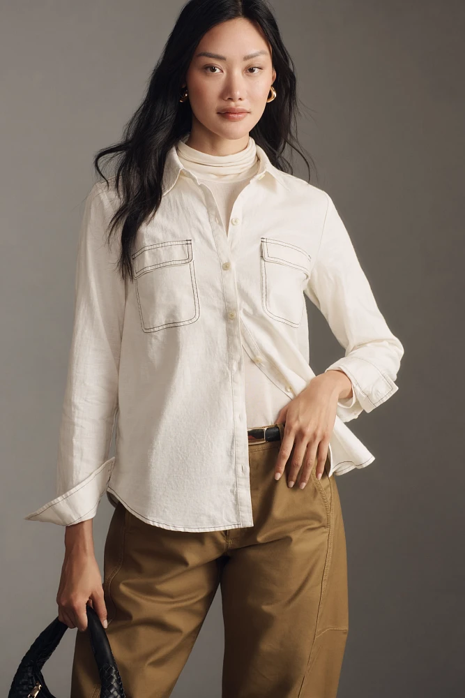 Maeve Contrast-Stitch Linen Buttondown Shirt