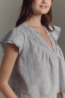 By Anthropologie Short-Sleeve Smocked Linen-Blend Blouse