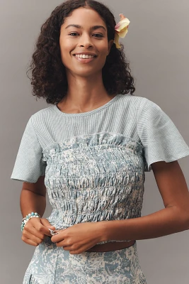 By Anthropologie Short-Sleeve Smocked Linen Twofer Top