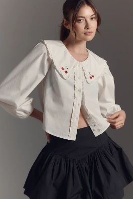 Maeve Long-Sleeve Collared Ruffle-Front Blouse