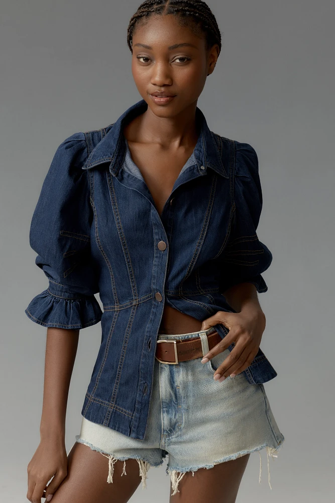 By Anthropologie Puff-Sleeve Denim Buttondown Shirt