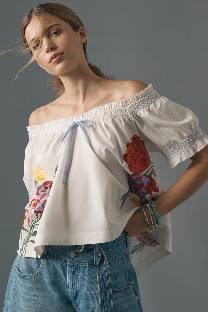 By Anthropologie Puff-Sleeve Tie-Front Embroidered Blouse