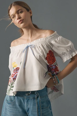 By Anthropologie Puff-Sleeve Tie-Front Embroidered Blouse