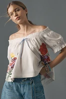 By Anthropologie Puff-Sleeve Tie-Front Embroidered Blouse