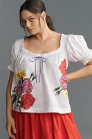 By Anthropologie Puff-Sleeve Tie-Front Embroidered Blouse