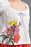 By Anthropologie Puff-Sleeve Tie-Front Embroidered Blouse
