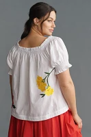 By Anthropologie Puff-Sleeve Tie-Front Embroidered Blouse