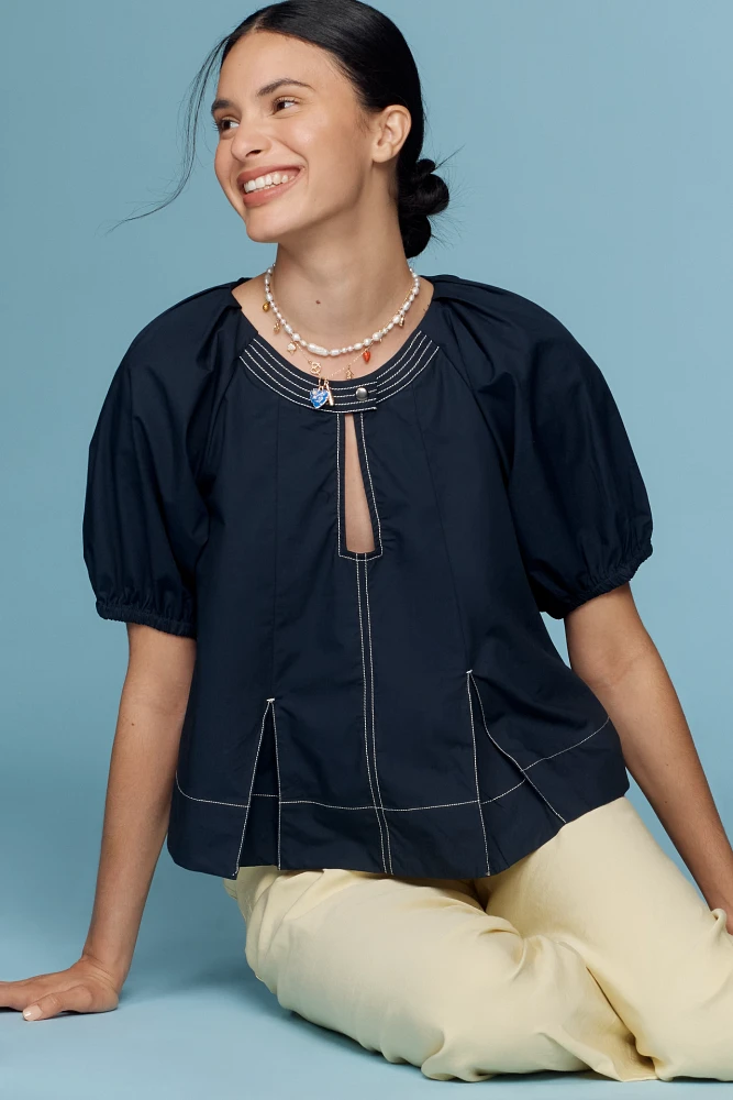 By Anthropologie Puff-Sleeve Keyhole Top