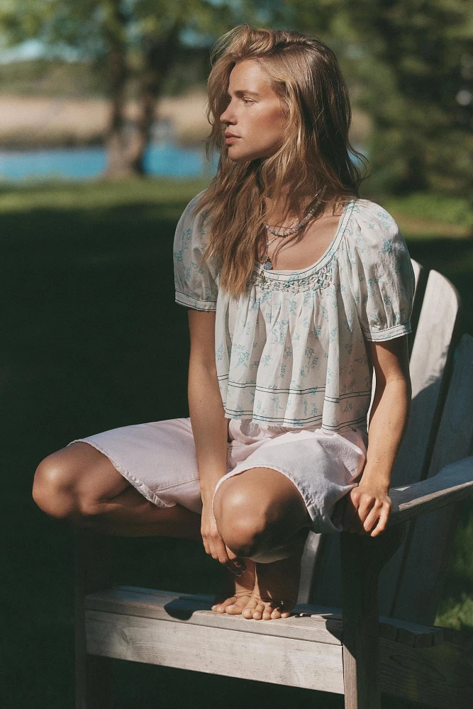 Pilcro Cotton-Blend Puff-Sleeve Cropped Blouse