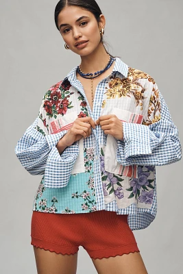 Maeve Long-Sleeve Patchwork Tea Towel Buttondown Shirt