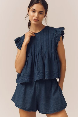 Pilcro Ruffle-Sleeve Pleated Denim Swing Top