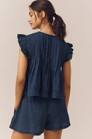 Pilcro Ruffle-Sleeve Pleated Denim Swing Top