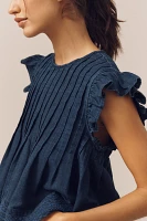 Pilcro Ruffle-Sleeve Pleated Denim Swing Top