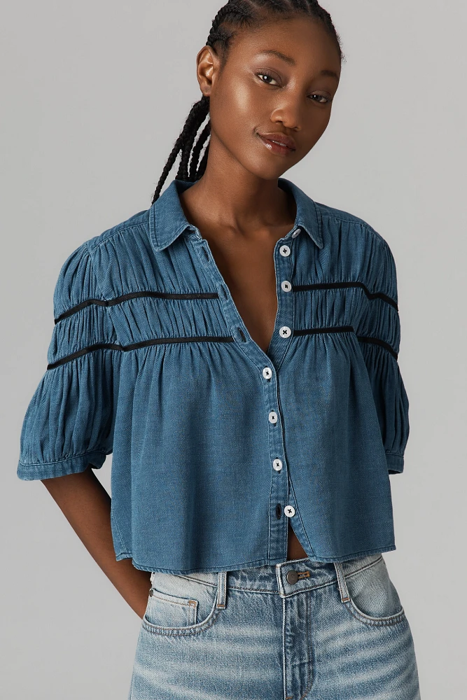 The Leandra Shirred Yoke Blouse by Maeve: Denim Edition