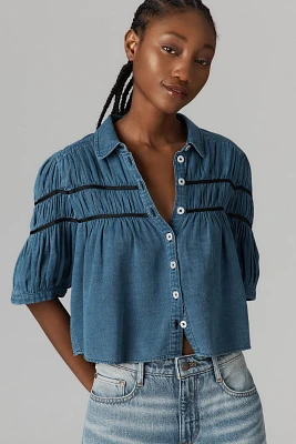 The Leandra Shirred Yoke Blouse by Maeve: Denim Edition