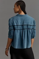 The Leandra Shirred Yoke Blouse by Maeve: Denim Edition