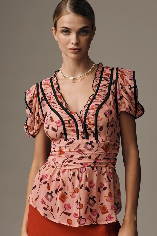 Anisa Makhoul x Maeve V-Neck Puff-Sleeve Printed Blouse