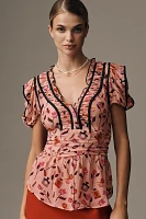 Anisa Makhoul x Maeve V-Neck Puff-Sleeve Printed Blouse