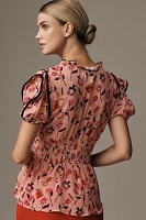 Anisa Makhoul x Maeve V-Neck Puff-Sleeve Printed Blouse