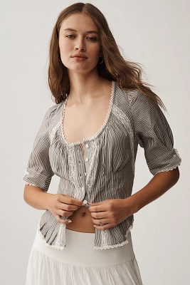 By Anthropologie Short-Sleeve Pintuck Button-Front Blouse
