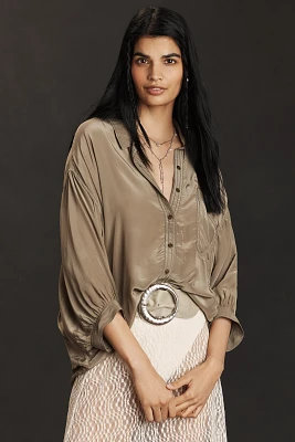 Pilcro Short-Sleeve Silky Buttondown Top