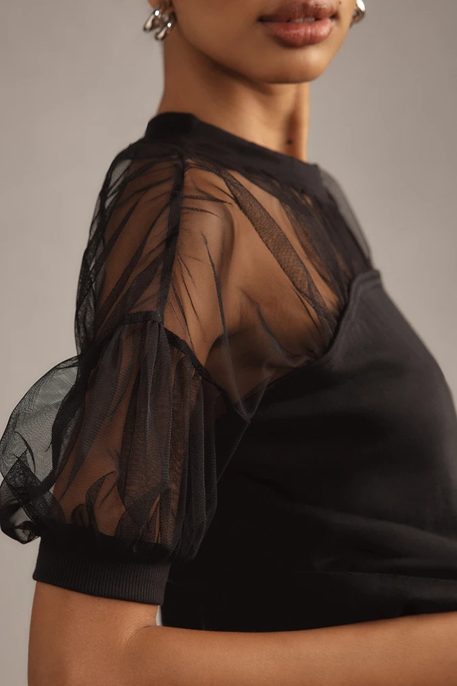 Maeve Short-Sleeve Sheer-Inset Knit Top