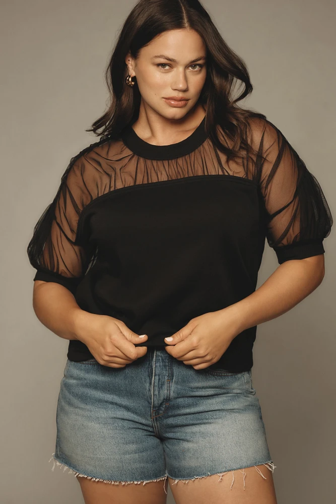 Maeve Short-Sleeve Sheer-Inset Knit Top