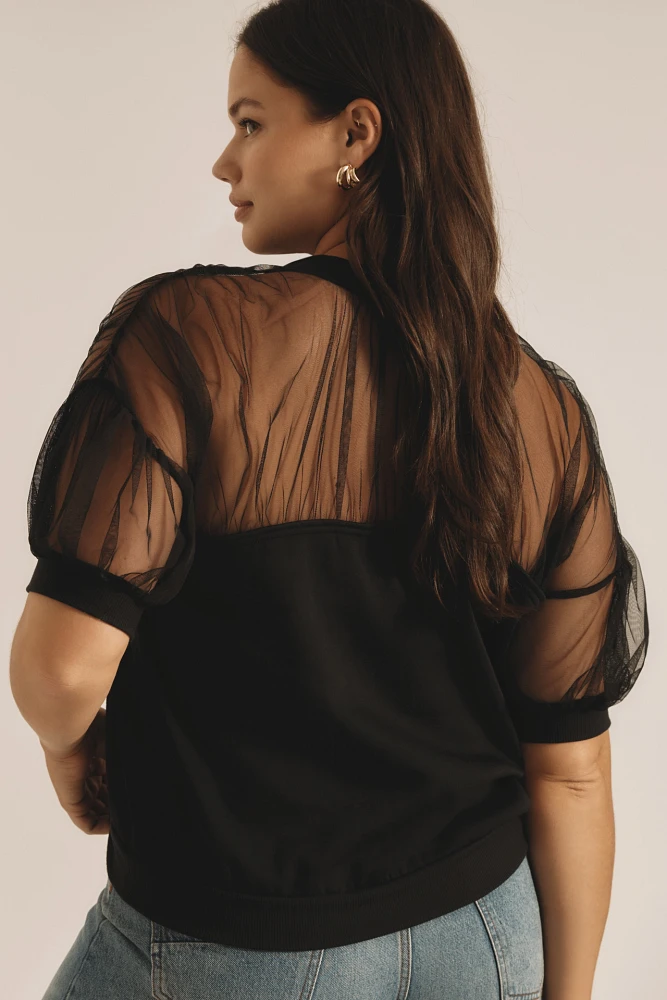 Maeve Short-Sleeve Sheer-Inset Knit Top