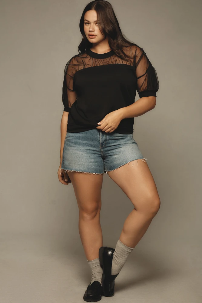 Maeve Short-Sleeve Sheer-Inset Knit Top