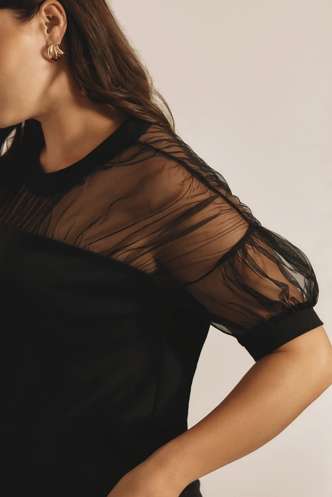 Maeve Short-Sleeve Sheer-Inset Knit Top