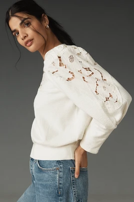 By Anthropologie Lace Cutwork Mutton-Sleeve Top