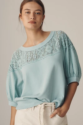 Pilcro Mixed Fabric Crew Neck Elbow Sleeve Top