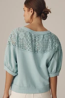 Pilcro Mixed Fabric Crew Neck Elbow Sleeve Top