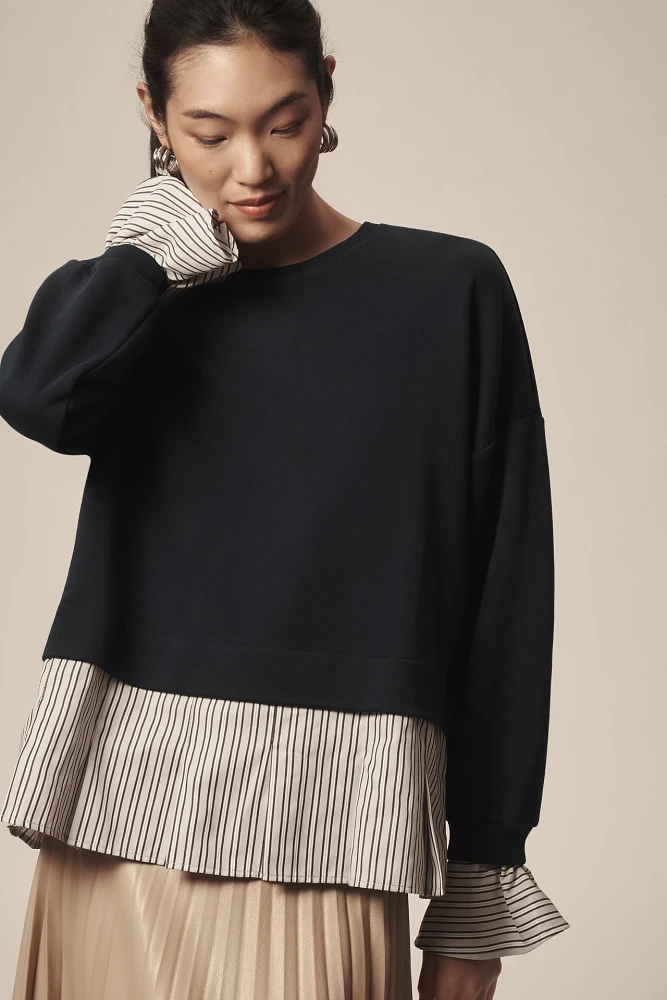 Maeve Striped Trim Twofer Sweatshirt