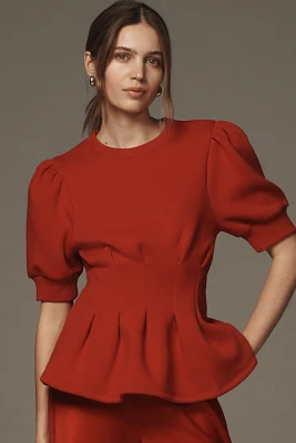 Maeve Puff-Sleeve Pleated-Waist Peplum Top