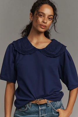 Maeve Short-Sleeve Embellished-Collar Top