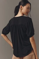 Nation Los Angeles Edie Shirred Elbow-Sleeve V-Neck Tee