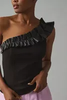Sunday Brooklyn One-Shoulder Ruffled Faux Leather Top